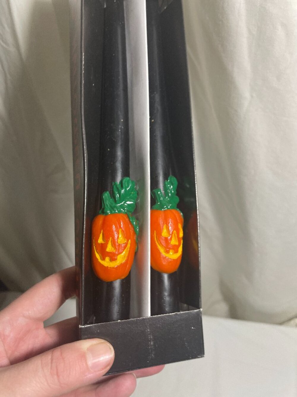 Halloween Black Taper Candles 10" Pair Orange Jack O Lantern Pumpkins in Box
